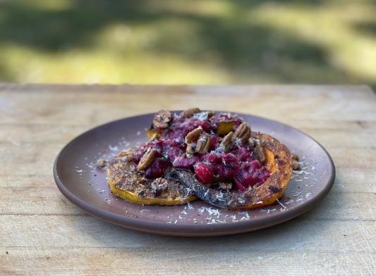 Grilled Butternut Squash with Cranberries, Pecans and Sage