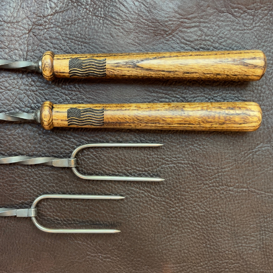 Campfire roasting sticks with American flag engraved on handle