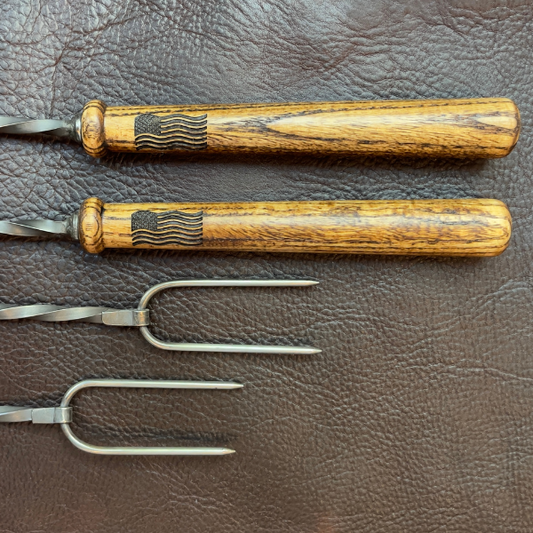 Campfire roasting sticks with American flag engraved on handle