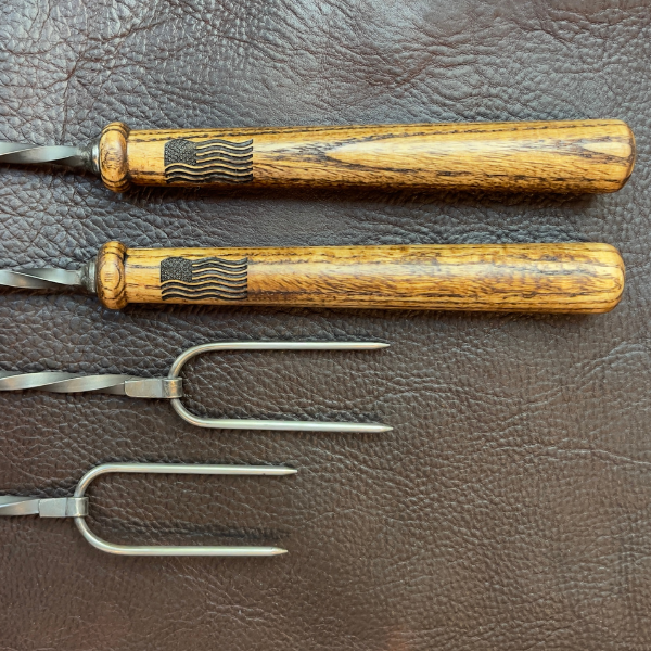 Campfire roasting sticks with American flag engraved on handle